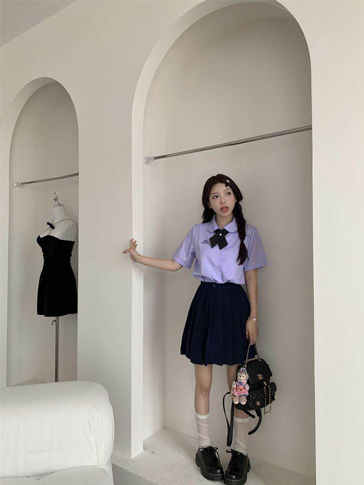 jk制服加工定制 泰式校服女孩学院风衬衫短袖款jk制服女夏季刺绣紫色套装高中班服