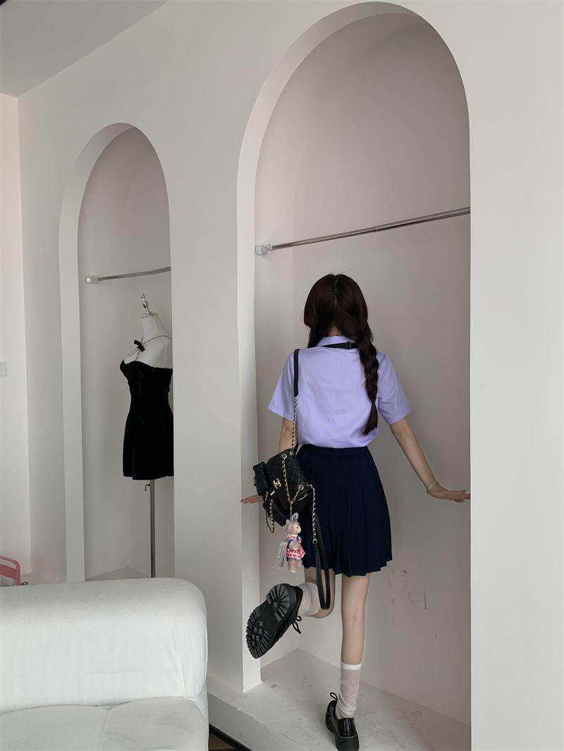 jk制服加工定制 泰式校服女孩学院风衬衫短袖款jk制服女夏季刺绣紫色套装高中班服