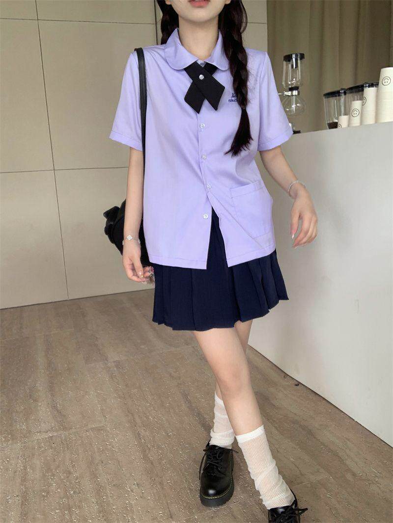 jk制服加工定制 泰式校服女孩学院风衬衫短袖款jk制服女夏季刺绣紫色套装高中班服