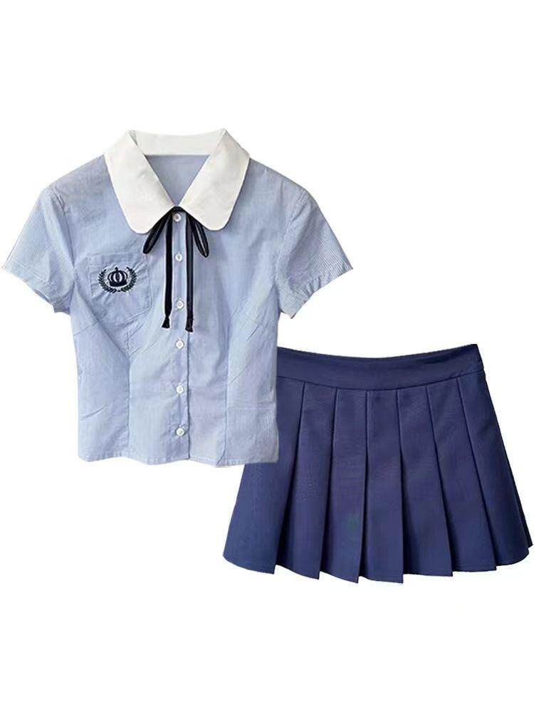 jk制服加工定制 蓝色学院风衬衫百褶裙套装女高级感jk上衣短裙两件套夏季2024新款