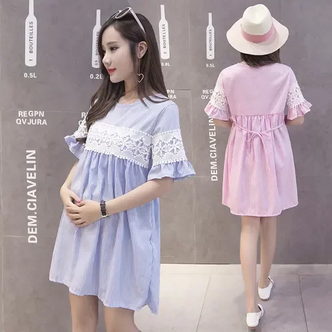 夏装上衣裙子中长款怀孕妇蕾丝孕妇装喇叭袖圆领衣服时尚潮新款