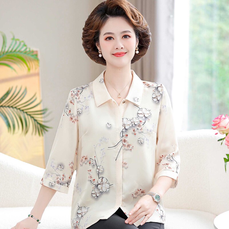 Mom's Summer Clothing New Shirt Three-Quarter Sleeve Middle-Aged Women's Shirt Lapel Elderly Women's Summer Top Western Style Suit Mom's Summer Clothing New Shirt Three-Quarter Sleeve Middle-Aged Women's Shirt Lapel Elderly Women's Summer Top Western Style Suit