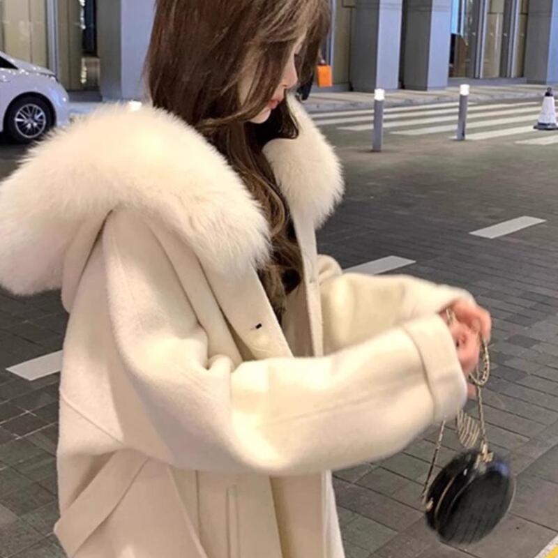 High-End Faux Fox Fur Mid-Length Woolen Coat for Women, Moonlight Snow Double-Sided Small-Sized Large Fur Collar Cashmere Coat