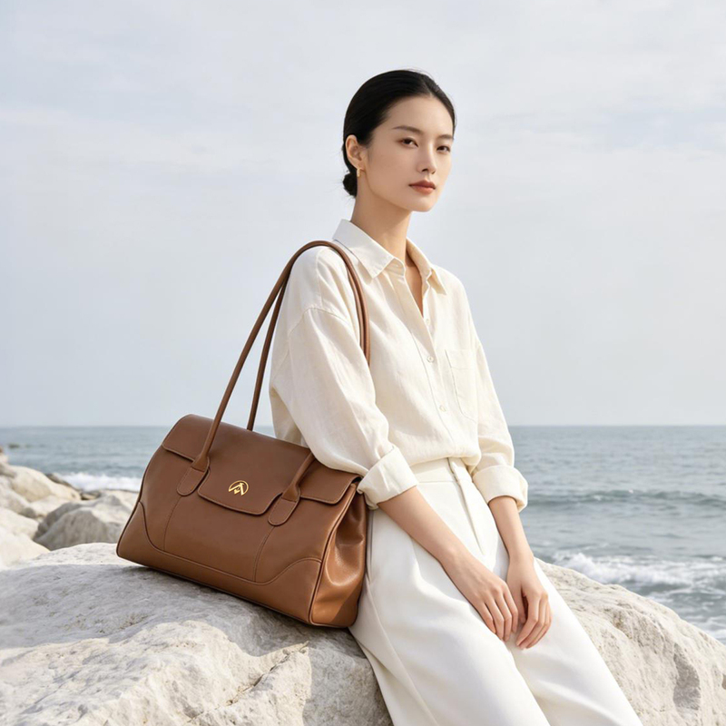 Elderly-Style Top-Grain Vegetable-Tanned Leather Briefcase, Underarm Baguette Bag for Women, Large-Capacity Commuter Bag, Women's Shoulder Tote Bag