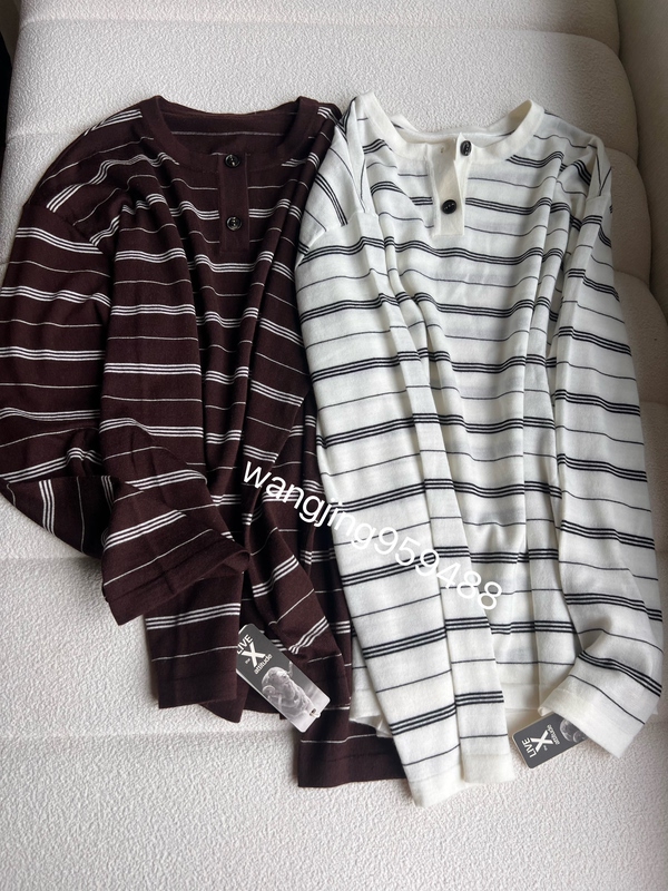 Original Factory Spring and Autumn Merino Wool Lightweight Striped Henley Collar Retro Lazy Style Xin'Ao Loose Wool