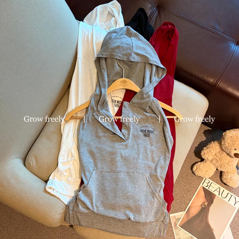 Grow Freely American Retro Sports Style Hooded Vest for Women, Summer Casual Versatile Sleeveless Top