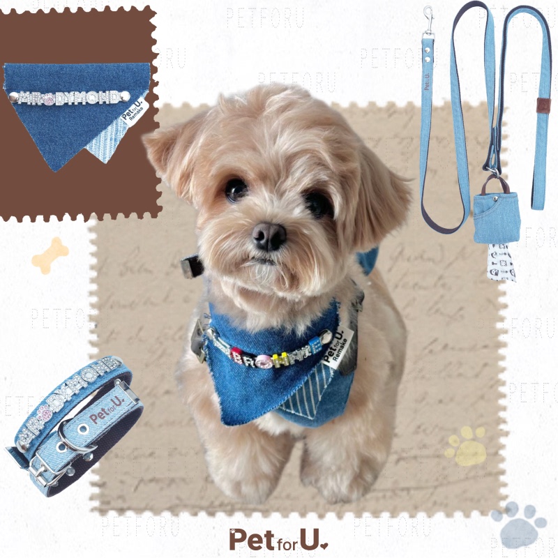 Original Pet Denim Dog Bandana Triangular Scarf Branded Crossbody Hands-Free Leash Pick-Up Bag Collar