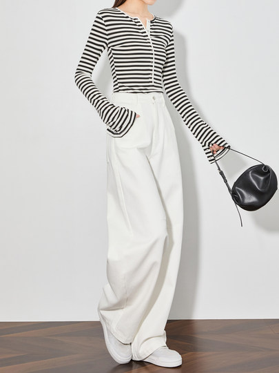 Faesslin[Your White Moonlight]Extended Full-Length Cotton White High-Waisted Jeans for Women, Loose Banana Wide-Leg Pants