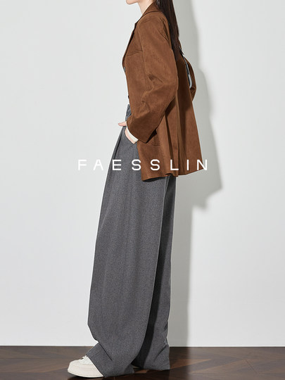 Faesslin Gray Wool Suit Pants, Relaxed and Casual Style, New Autumn and Winter Design Wide-Leg Pants for Women
