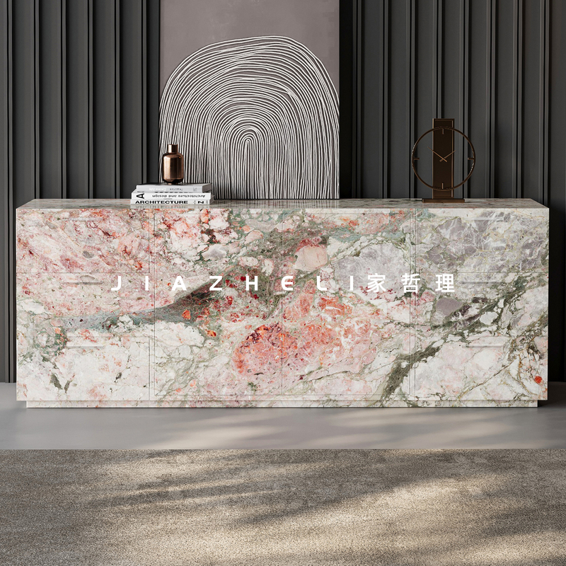 Italian-Style Minimalist Four-Season Pink-Green Sideboard with Luxurious Stone Floor-To-Ceiling Flat Doors, High-End Designer Large Flat-Panel Entryway Storage Cabinet
