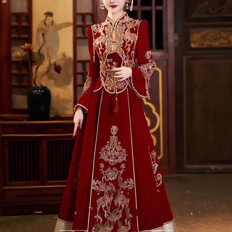 High-End Heavy Velvet Xiuhe Dress 2025 New Wedding Autumn and Winter Dress Chinese Style Bridal Dress Plus Size Dragon and Phoenix Gown for Women