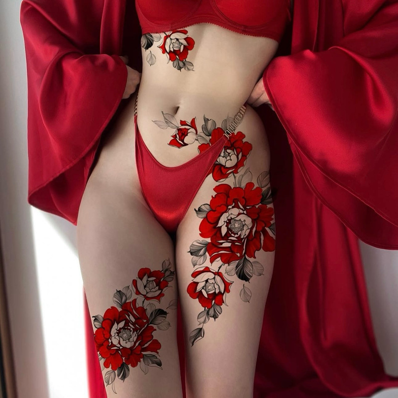 Red Flower Large Area Tattoo Stickers Are Waterproof, Wear-Resistant, and Long-Lasting, Lasting for 3-5 Days, Chinese Style Cross-Border Red Flower Large Area Tattoo Stickers Are Waterproof, Wear-Resistant, and Long-Lasting, Lasting for 3-5 Days, Chinese Style Cross-Border