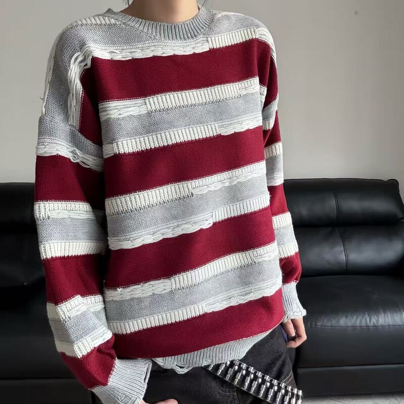 Fdax American Retro Color-Blocking Lazy Style Round-Neck Knitted Base Shirt with Ripped Fringe Design, Unisex Fdax American Retro Color-Blocking Lazy Style Round-Neck Knitted Base Shirt with Ripped Fringe Design, Unisex