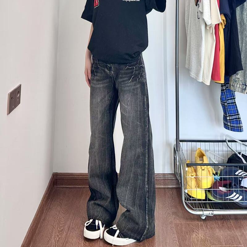 My Mingyf Summer American-Style Washed Lightning Pattern Jeans, Unisex Straight-Leg Drapey Denim Pants