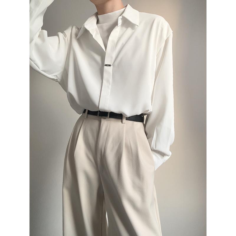 Lncr Korean Style Mature and Elegant Drapey Long-Sleeve Shirt for Men and Women 2026 Spring Metal Wrinkle-Free Solid Color Textured Shirt