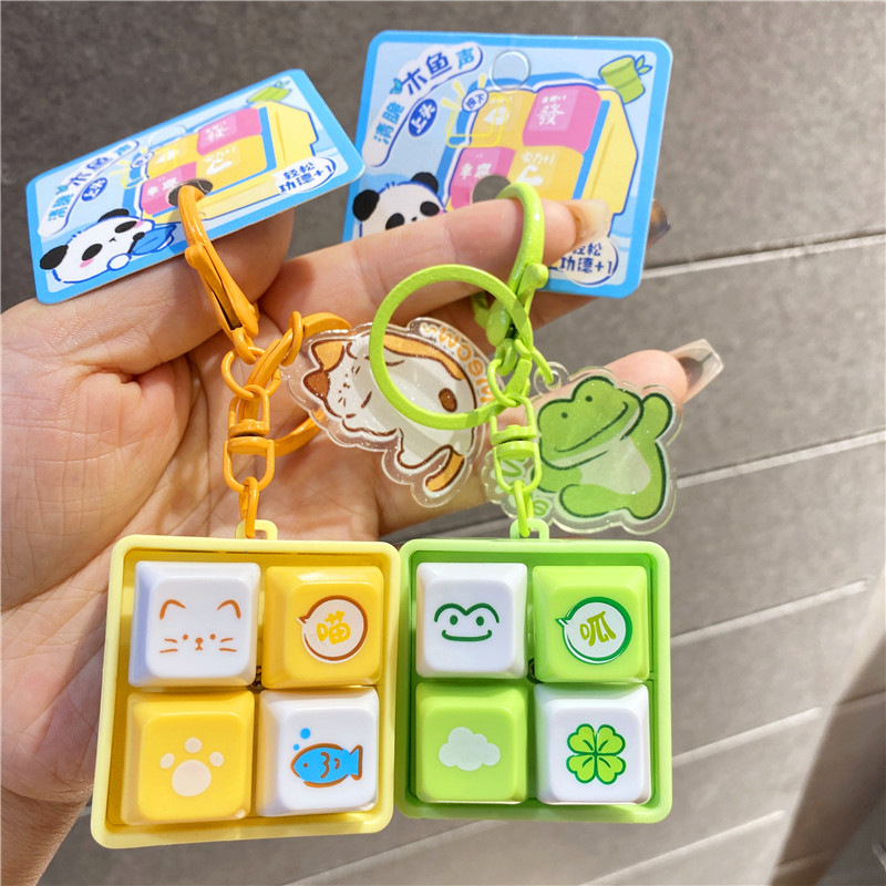 Creative Four-Grid Electronic Button Wooden Fish, Kitten, Frog Sound Keyboard Keychain Pendant Doll Gift Ornament