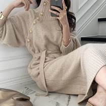 Sweater dress autumn and winter new Korean style loose slim turtleneck sweater two-wear tie waist knitted skirt for women