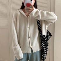 Loose slim and lazy style hooded single-breasted sweater jacket for women in autumn and winter casual solid color short sweater cardigan