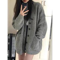 2024 Lazy Style Soft Waxy Sweater Womens Autumn and Winter Retro Gray Knitted Cardigan Jacket