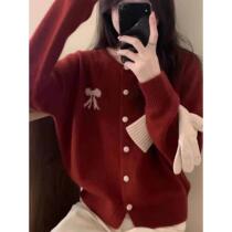 Knitted cardigan 2024 autumn new Korean style bow soft and trendy womens short sweater jacket