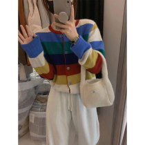 Rainbow Striped Knitted Cardigan Jacket Womens Spring and Autumn Thin Small Top Lazy High-Quality Sweater Early Autumn