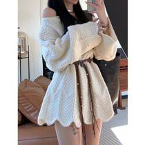 Korean style irregular lace hollow knitted top for women autumn gentle style casual sweet off-shoulder loose pullover sweater