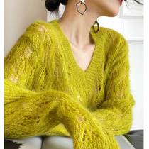 French mohair hollow v-neck sweater sweater for women thin loose lazy style gentle early autumn outer top