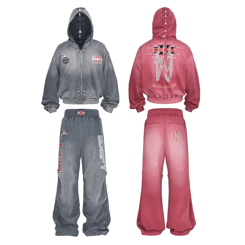 Lce* Out of Control Edge 25Ss Boxing Strap Hoodie Set Washed Distressed Eyelet Hooded Zipper Sweatshirt