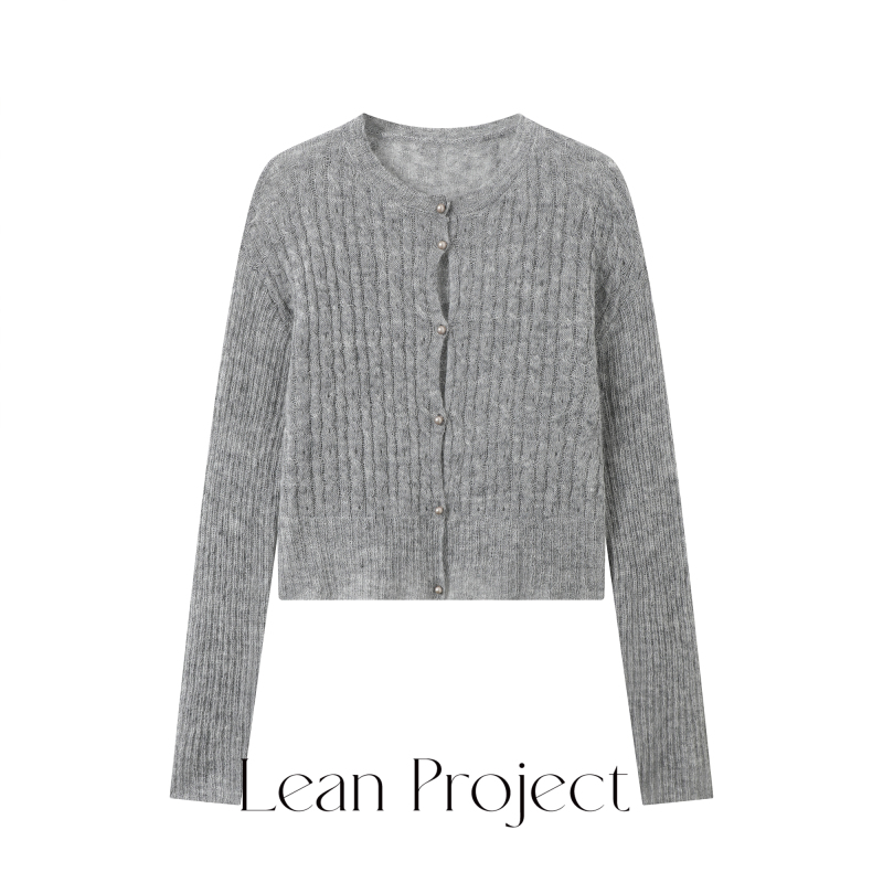Lean Project Simple Twist-Knit Alpaca Wool Blend Lightweight Pearl Button Knit Cardigan