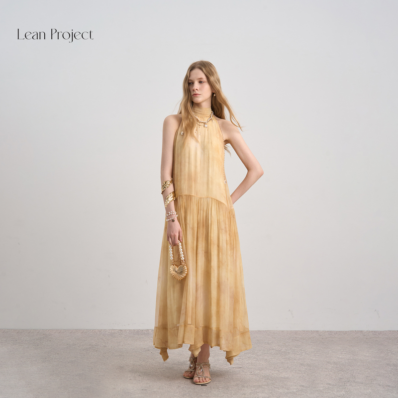 Lean Project Women's Yellow Textured Smudged Halter Neck Sleeveless Loose Mid-Length Dress with Large Hem Lean Project Women's Yellow Textured Smudged Halter Neck Sleeveless Loose Mid-Length Dress with Large Hem