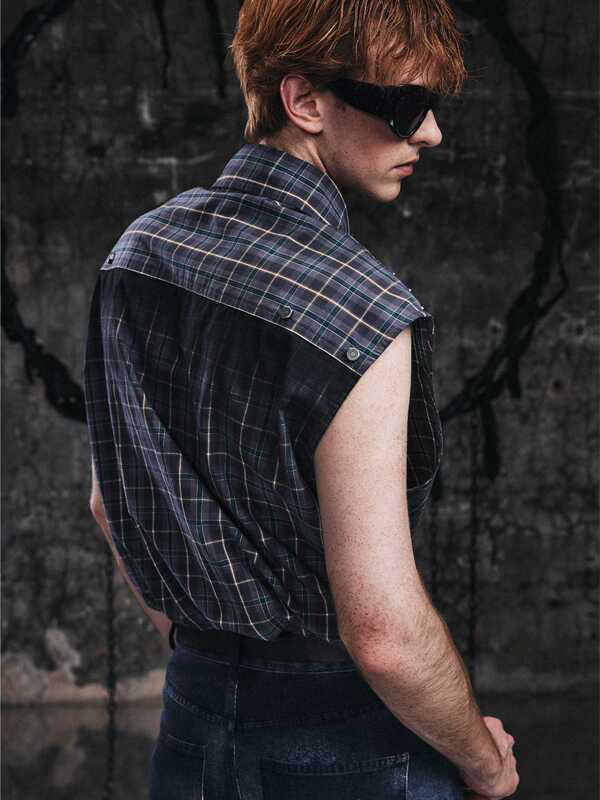 Lean Project 【Same Style as Zhou Junwei】 Spray-Painted Blue-Green Sleeveless Studded Plaid Vest Shirt