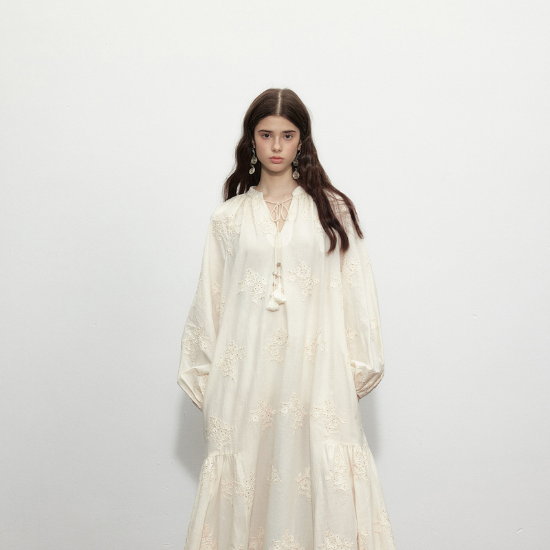 Lean Project Shell Tassel Sequin Heavy Embroidery Pure Cotton Bohemian Style Dress Vacation Long Dress Lean Project Shell Tassel Sequin Heavy Embroidery Pure Cotton Bohemian Style Dress Vacation Long Dress