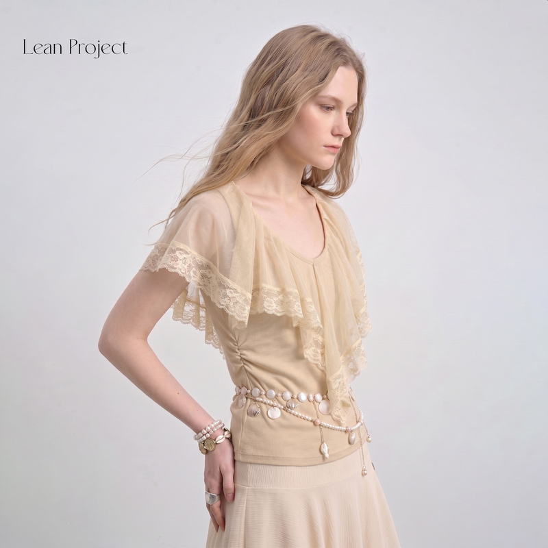 Lean Project Gentle and Sweet Apricot Lace Ruffle Trim T-Shirt with Mesh Patchwork and Cape Sleeves for Women Lean Project Gentle and Sweet Apricot Lace Ruffle Trim T-Shirt with Mesh Patchwork and Cape Sleeves for Women