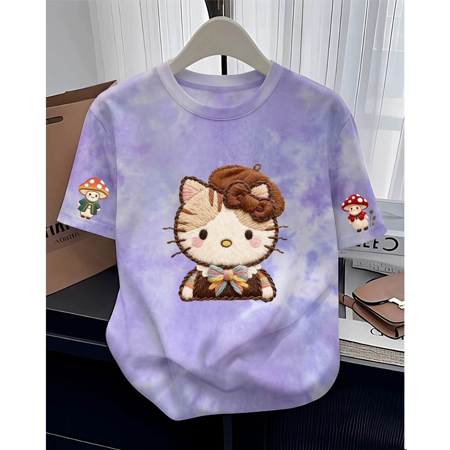 J89 мультфильм лета фиолетовый хлопковая футболка с коротким рукавом и круглым воротом