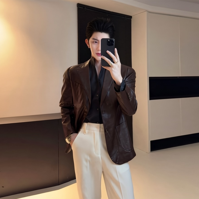 Men's Leather Suit Jacket, Slim Fit, British Style, Handsome Biker Pu Leather Jacket, High-End Business Casual Small Suit