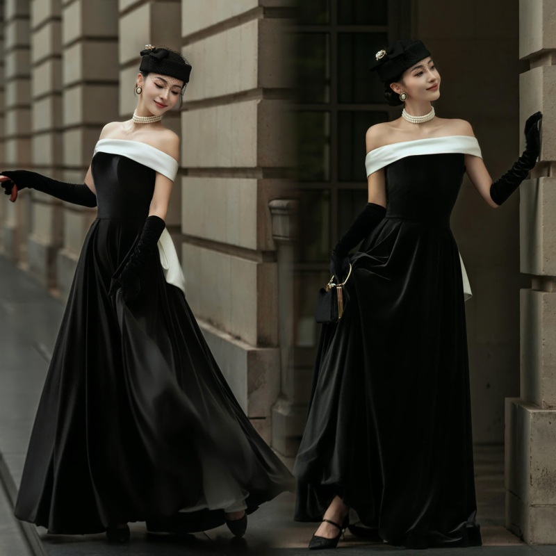 2025 Studio-Themed Photo Shoot Clothing, French Hepburn Style Retro Photography Dress, Black High-End Velvet Wedding Dress
