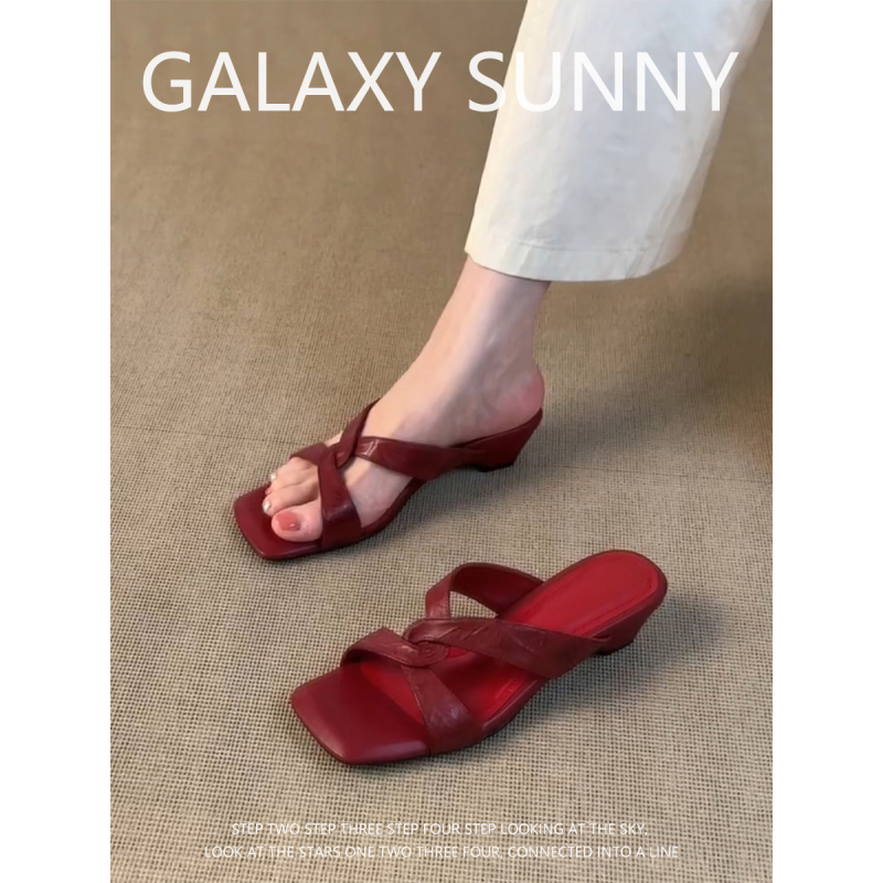 Sheepskin Version ~ Genuine Leather Retro Cross-Strap Chunky Heel Slip-On French Simple Vacation Style Versatile Outdoor Sandals