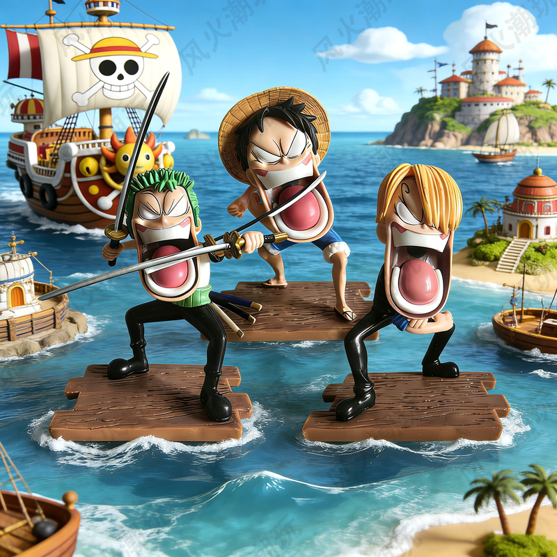 Funny One Piece Hungry Trio Luffy Zoro Sanji Q Version Figure Case Decoration Model Doll