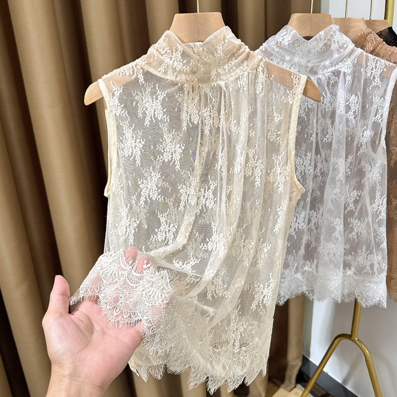 French-Style High-Neck Lace Vest Undershirt for Women, Autumn and Winter Sweater Layering, Inner Layer Sheer Top, Large Fake Collar, Thin