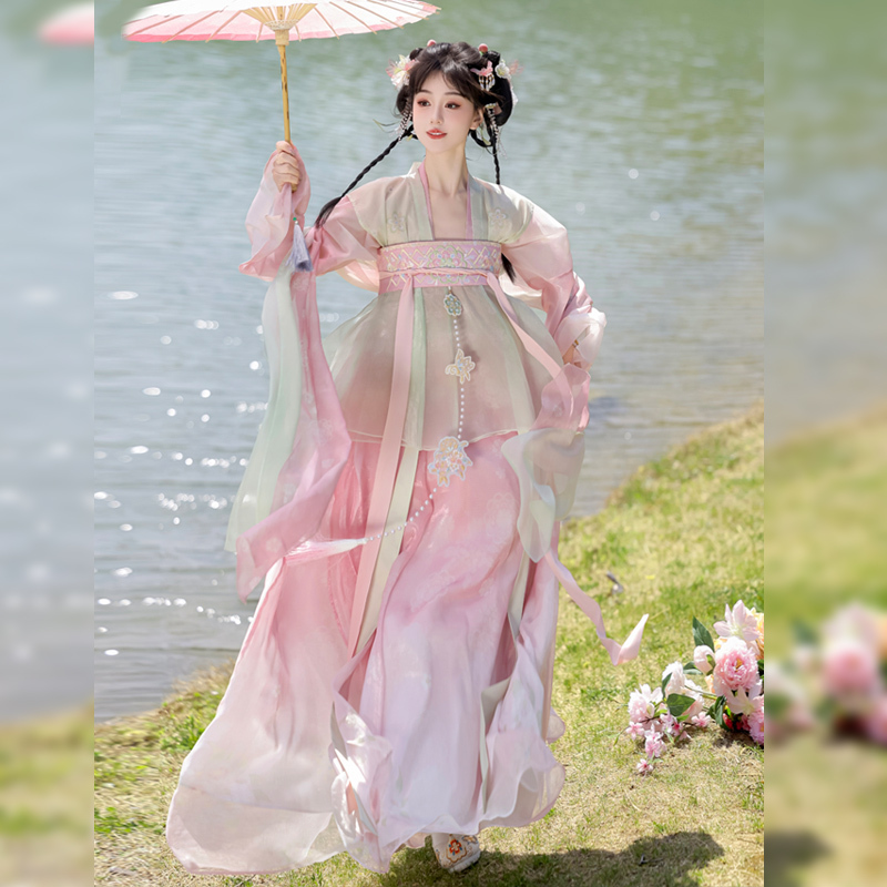 Su Mu Yuyi's Original Hanfu [Peach Red and Willow Green] New Style Restored Tang-Style Cheongsam with Chest-Length Split Skirt, Everyday Fairy-Like Spring and Summer Wear