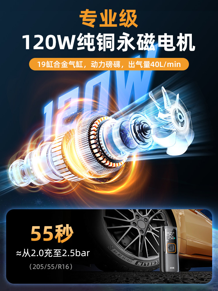 Wocheng Car Air Pump, Wireless Car Air Pump, Dual-Use Wired and Wireless Convenient Electric Air Pump with Tire Pressure Measurement