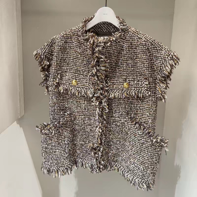 Autonomous Sacai 25 Early Autumn Casual Versatile Tassel Vest, Chanel-Style Short Jacket, Loose Sleeveless Top