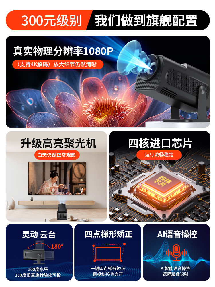 [Flagship New Product] Magcubic Gimbal Projector Hy320 Home Ultra-High-Definition Projector for Bedroom and Living Room White Wall Projector 2024 New Model Student Dormitory Integrated Screen Commercial Mobile Screen Projection