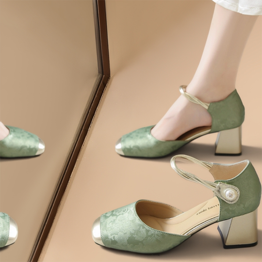 【真皮】新中式包头凉鞋女夏季国风旗袍单鞋粗跟绿色时装高跟鞋子