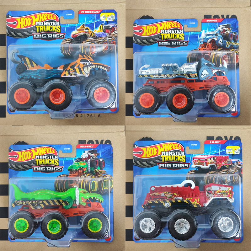 Hot Wheels Monster Six-Wheel Bigfoot Series Hnw86 Tiger Shark Rhino Fire Truck Alloy Car Children's Toy