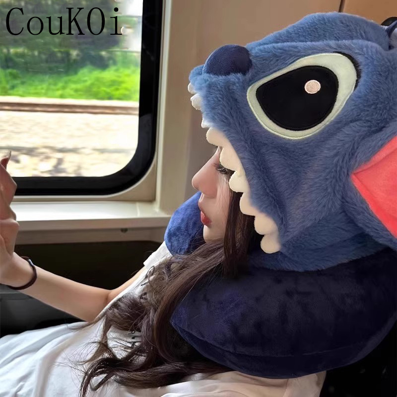 German Coukoi Cute Stitch U-Shaped Pillow with Hood for Travel, Portable for Sleeping, Long-Distance Neck Support, Office Use German Coukoi Cute Stitch U-Shaped Pillow with Hood for Travel, Portable for Sleeping, Long-Distance Neck Support, Office Use