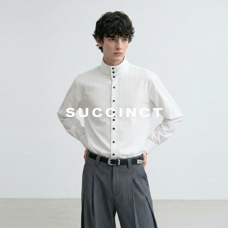 Succinct "Fu" Old Money Elegant Striped Yarn-Dyed Blended Draped Short-Cut Multi-Collar Adjustable Shirt