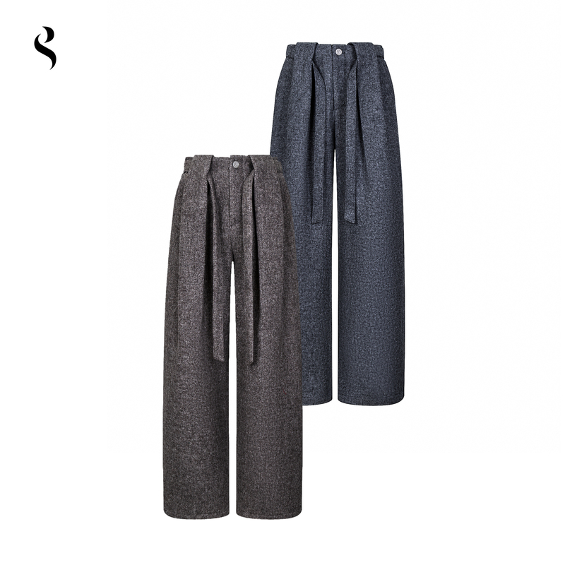 Succinct "Songzhuang" Wool Floral Yarn Heavy 700g Thick Autumn and Winter Pleated A-Line Belted Silhouette Trousers