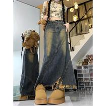 Fat Girl Retro Ripped Denim Skirt Womens Autumn and Winter Large Size Design High Waist Slimming Mid-Length A-Line Skirt