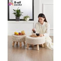 Nordic style log stool cotton rope woven leisure round stool solid wood chair living room Japanese coffee table stool sofa footrest